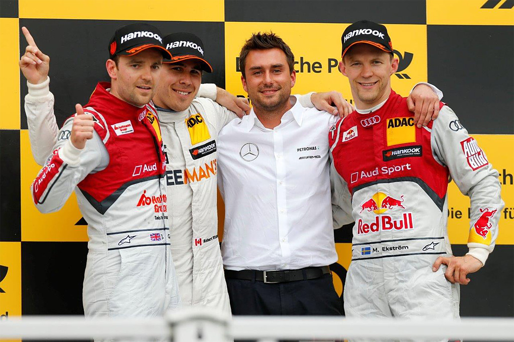 Fra venstre til højre: Jamie Green (Audi, 2'er), Robert Wickens (Mercedes, vinder), Dennis Nägele (Mercedes, Racingenør for Robert Wickens), Mattias Ekström (Audi, 3'er).
(Foto: Natascha Theisen)